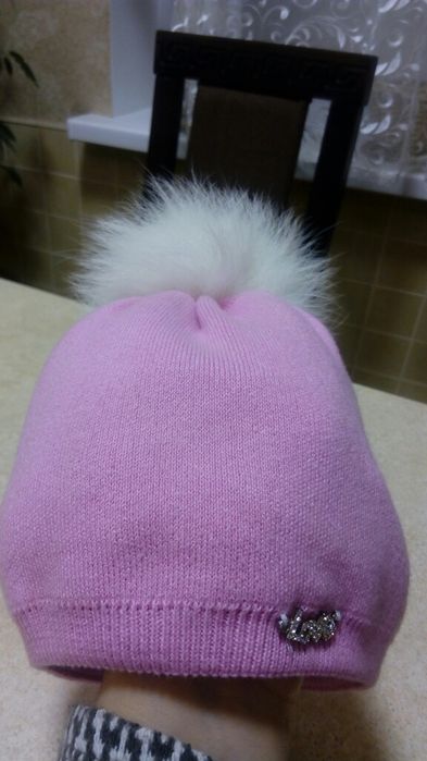 Зимова рожева,  шапка 56 р. натуральний помпон