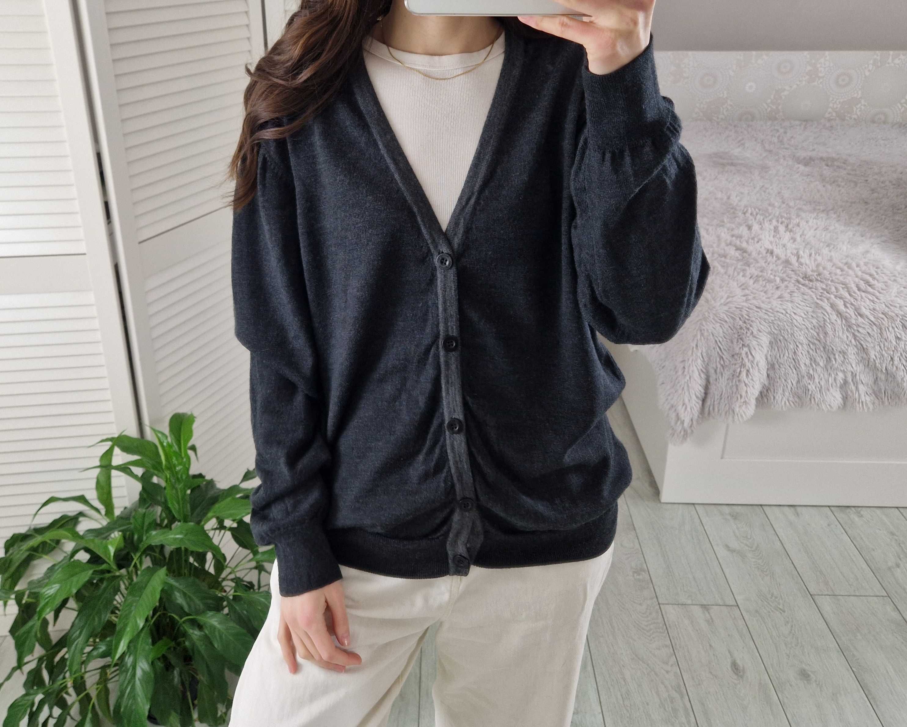 Marks&spencer ciemnoszary wełniany kardigan 100% wełna merino L