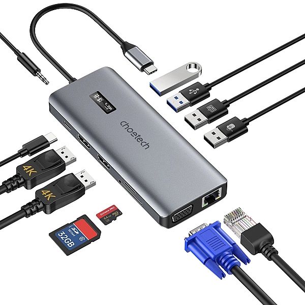 Choetech HUB wielofunkcyjny z wyświetlaczem 12w1 USB-C do 1xUSB-C/4xUS