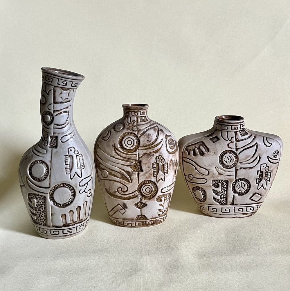 Elegancki Komplet 3 Ceramicznych Wazonów Boho Etno Aztec PRIMITIVE ART
