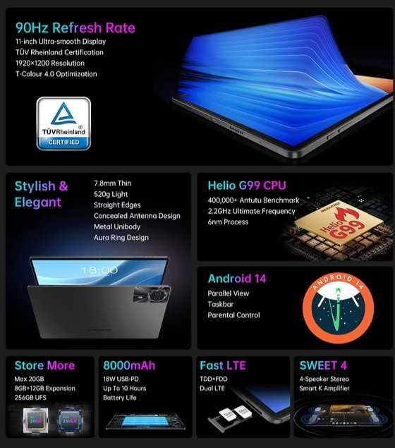 Teclast T50 Max 11`, FHD, 90Hz, G99, 8/256Gb, 8000mA, 18w, LTE, 4динам