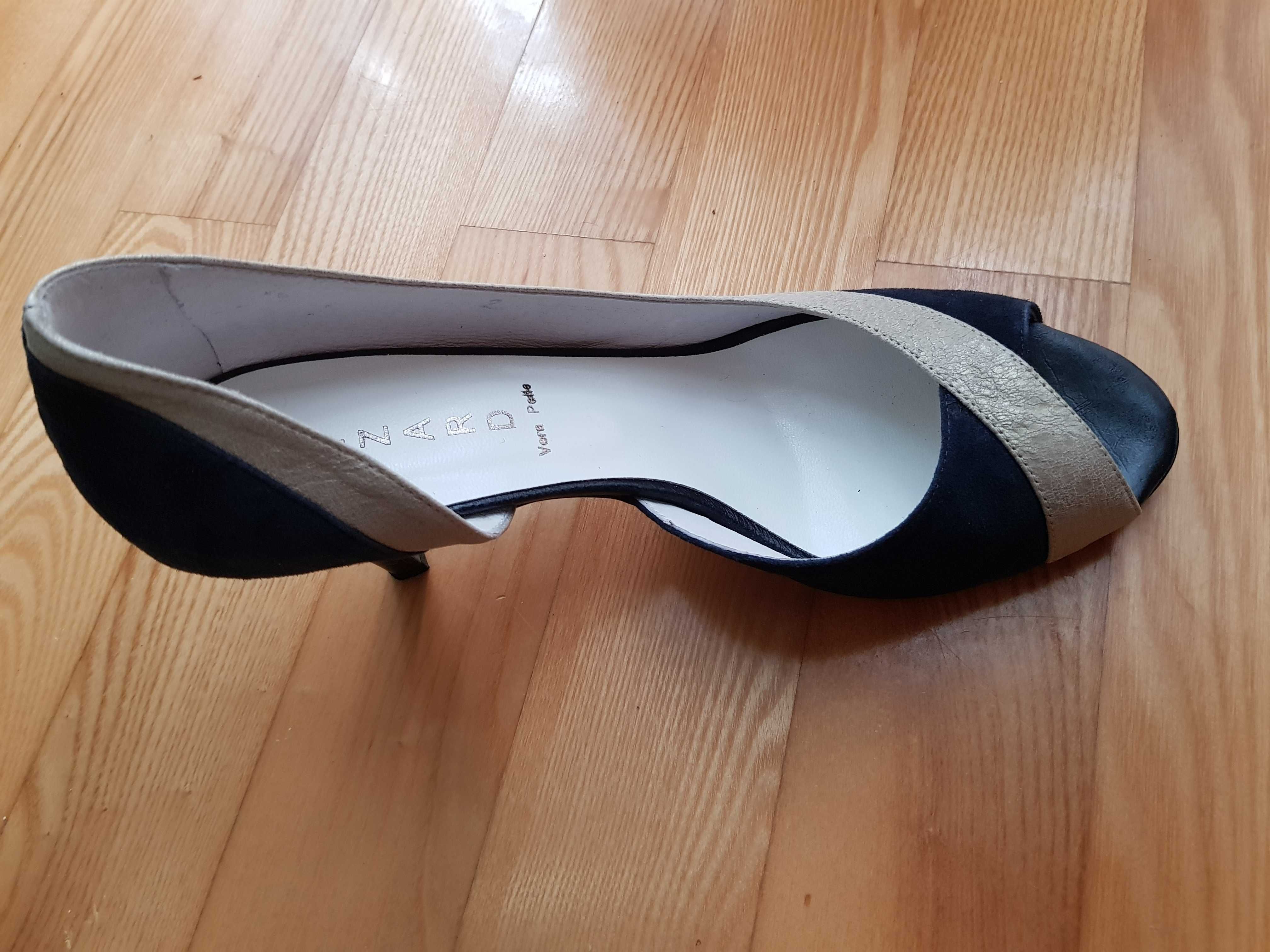 Skórzane dwukolorowe czółenka Lizard peep toe rozm.40 NOWE