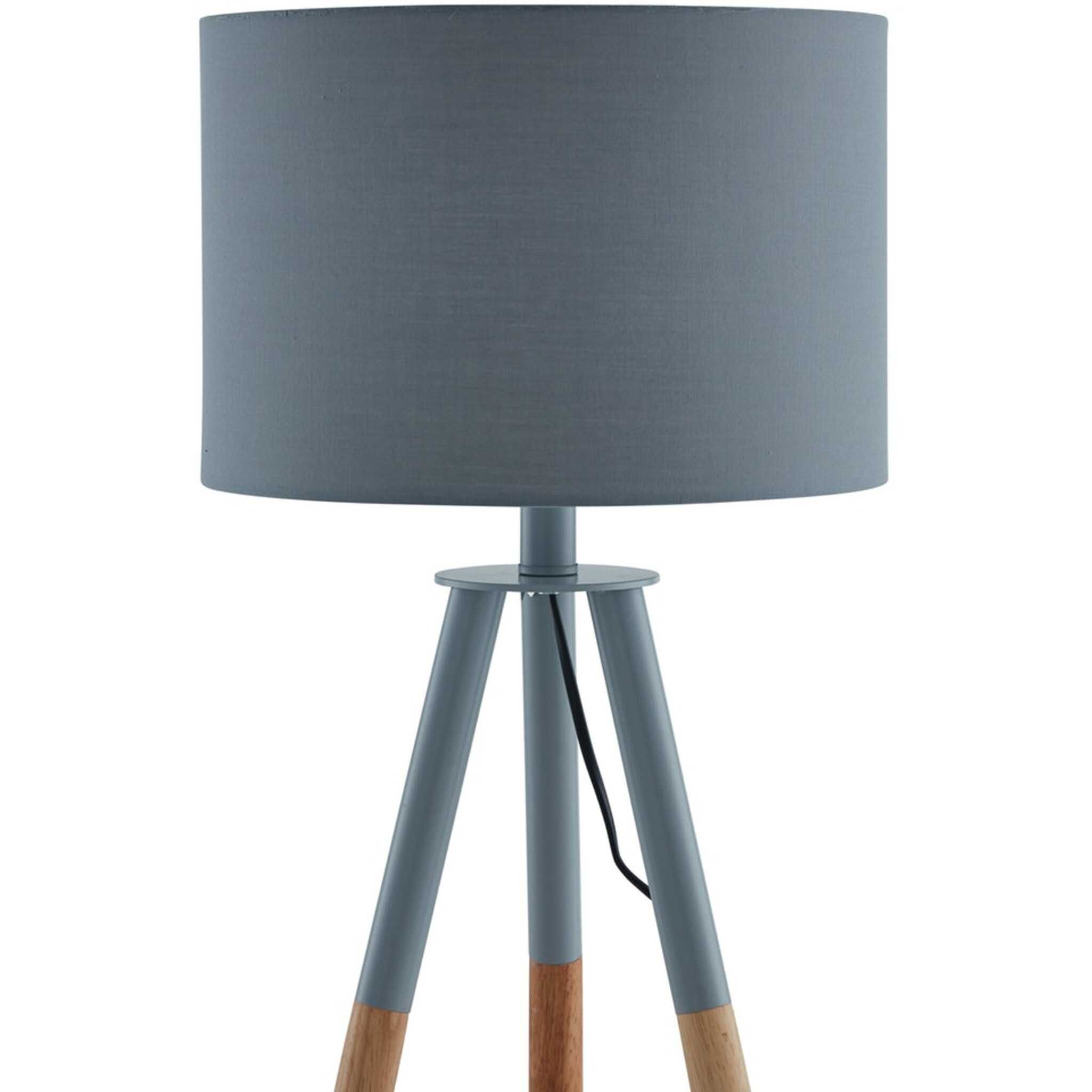 Lampa stołowa na 3 drewnianych nogach szary abażur styl skandynawski