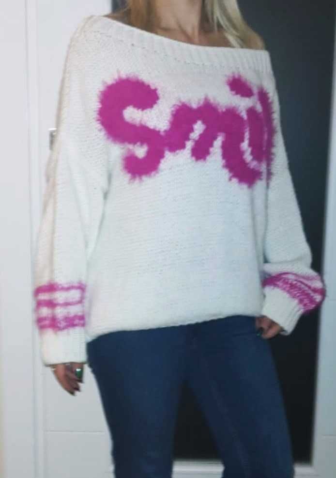 sweter biały z wełną 42/44 /róż napis/M*Nouu oversize XL/XXL