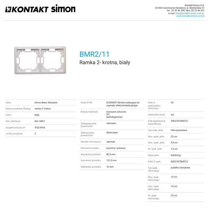 Simon Basic BMR2/11 Ramka 2- krotna, biały