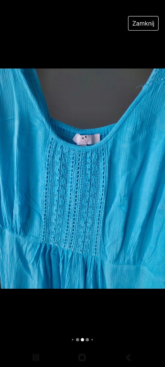Niebieska sukienka damska na ramiączkach za kolano Rozkloszowana baweł