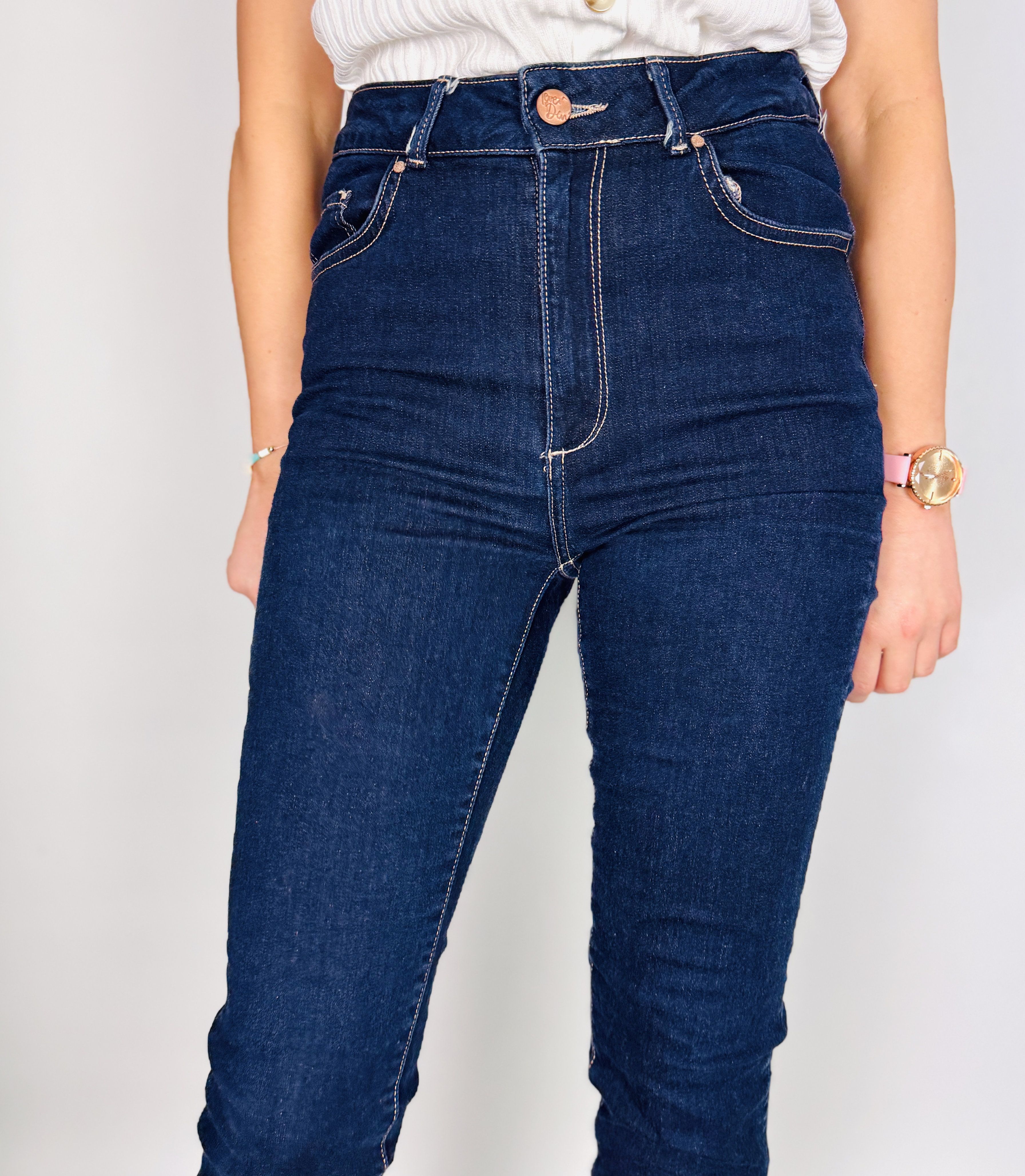 Granatowe jeansowe spodnie rurki z wysokim stanem M 38 Never Denim