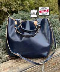 Стильна містка жіноча сумка шопер італія натуральна шкіра темно-синя