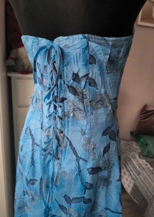 Niebieska sukienka do ziemi, sukienka bez ramiączek, r. M-XL