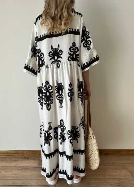 Sukienka długa maxi czarna biała boho lniana bawełna oversize XL