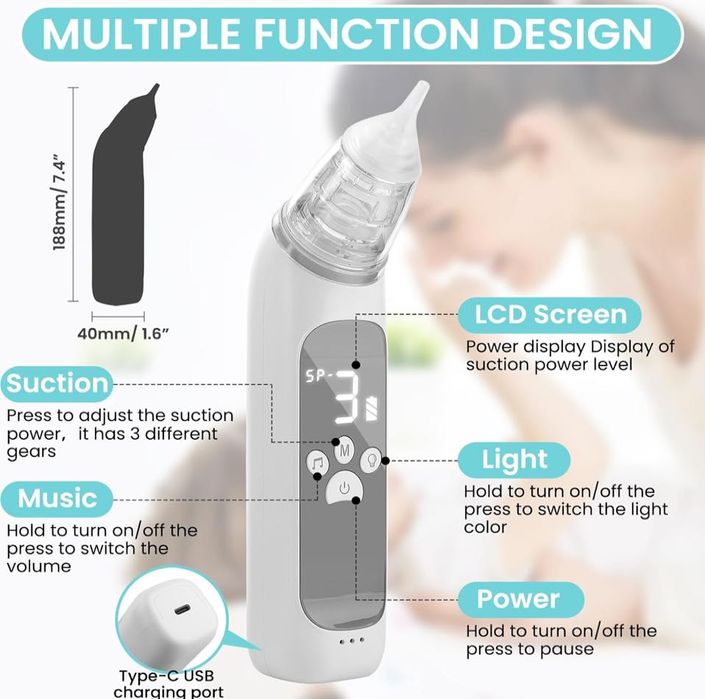 Aspirator do nosa USB-C 600mAh LCD 3 prędkości melodia LED 0-12 Lat