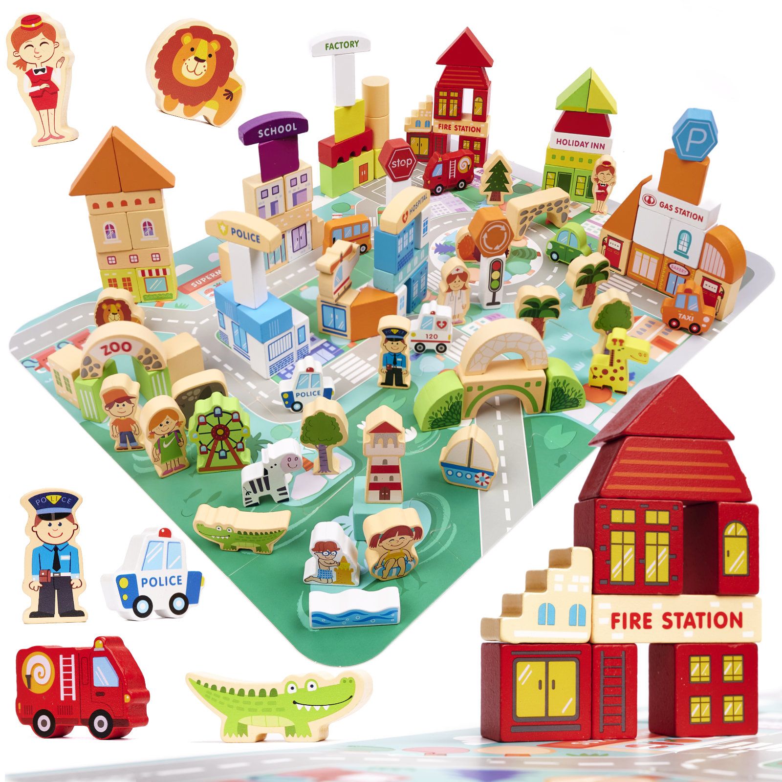 Klocki drewniane edukacyjne miasto puzzle 120 elementów