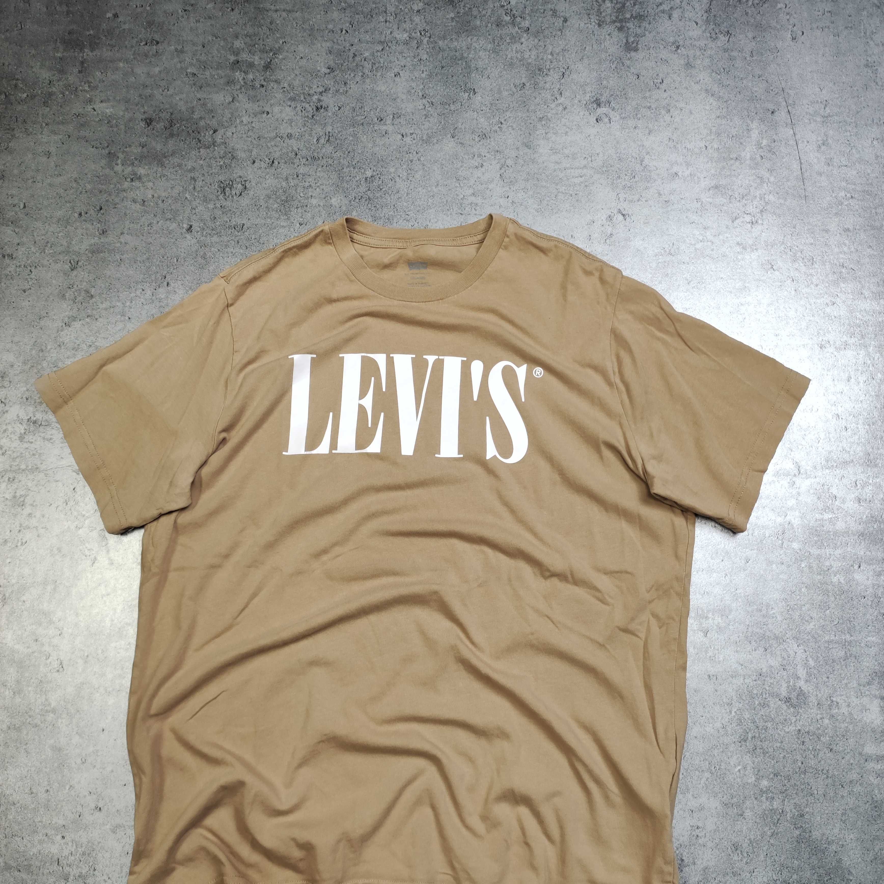 MĘSKA Koszulka PREMIUM Beżowa Logo Nadruk Levis Bawełna Casual