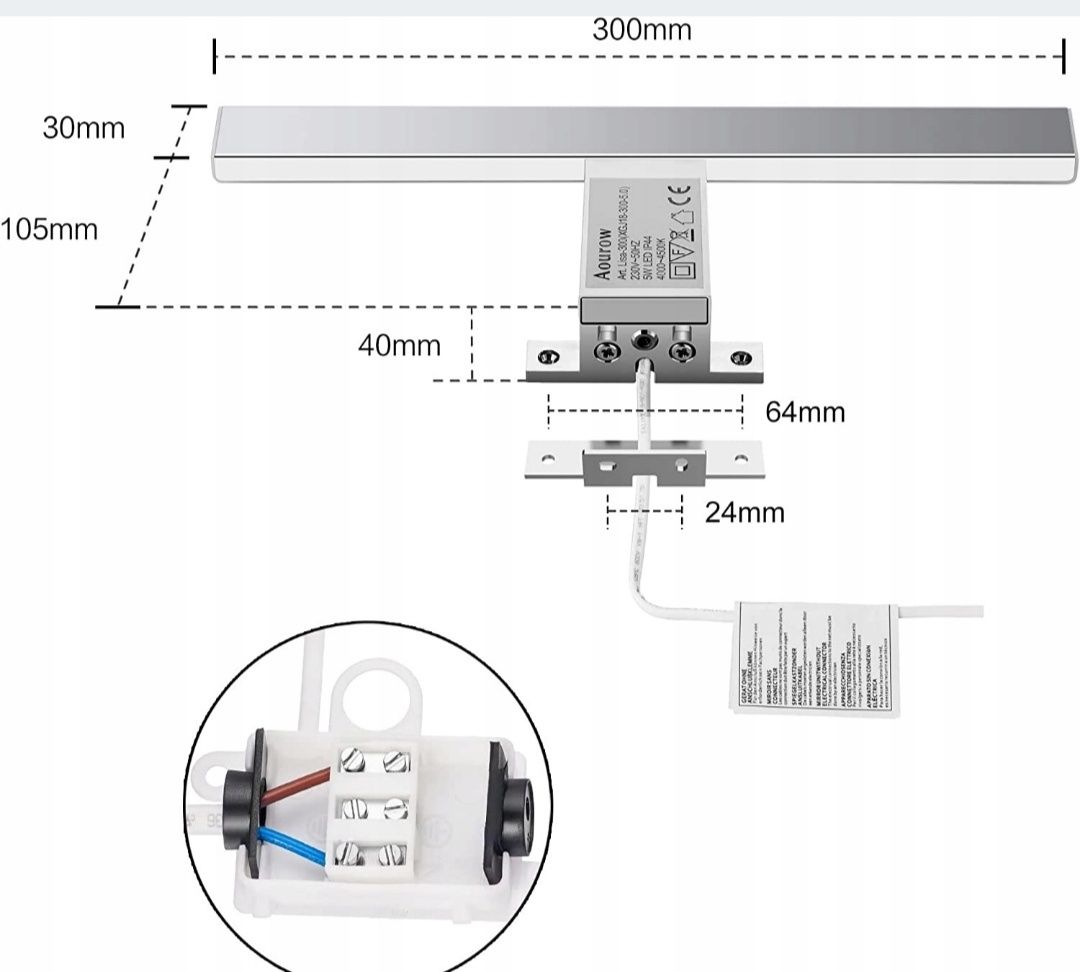 Aourow Lampa łazienkowa LED do lustra 5W