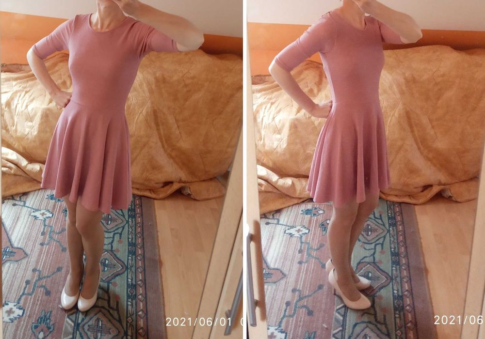 sukienka rozkloszowana różowa z błyszczącą nitką rozm. S