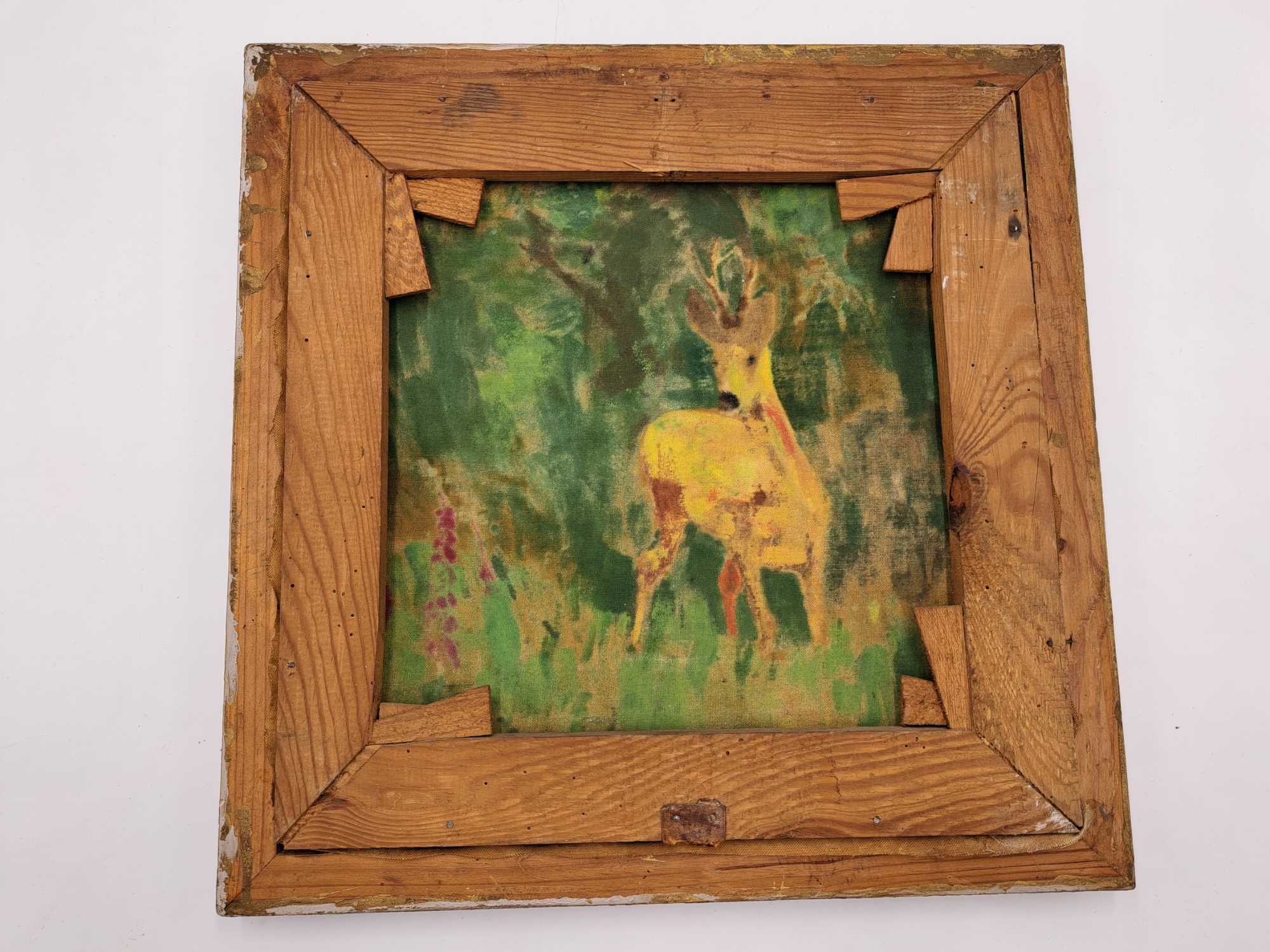 Stary obraz na płótnie sygnowany sarna w zieleni lesie złota rama