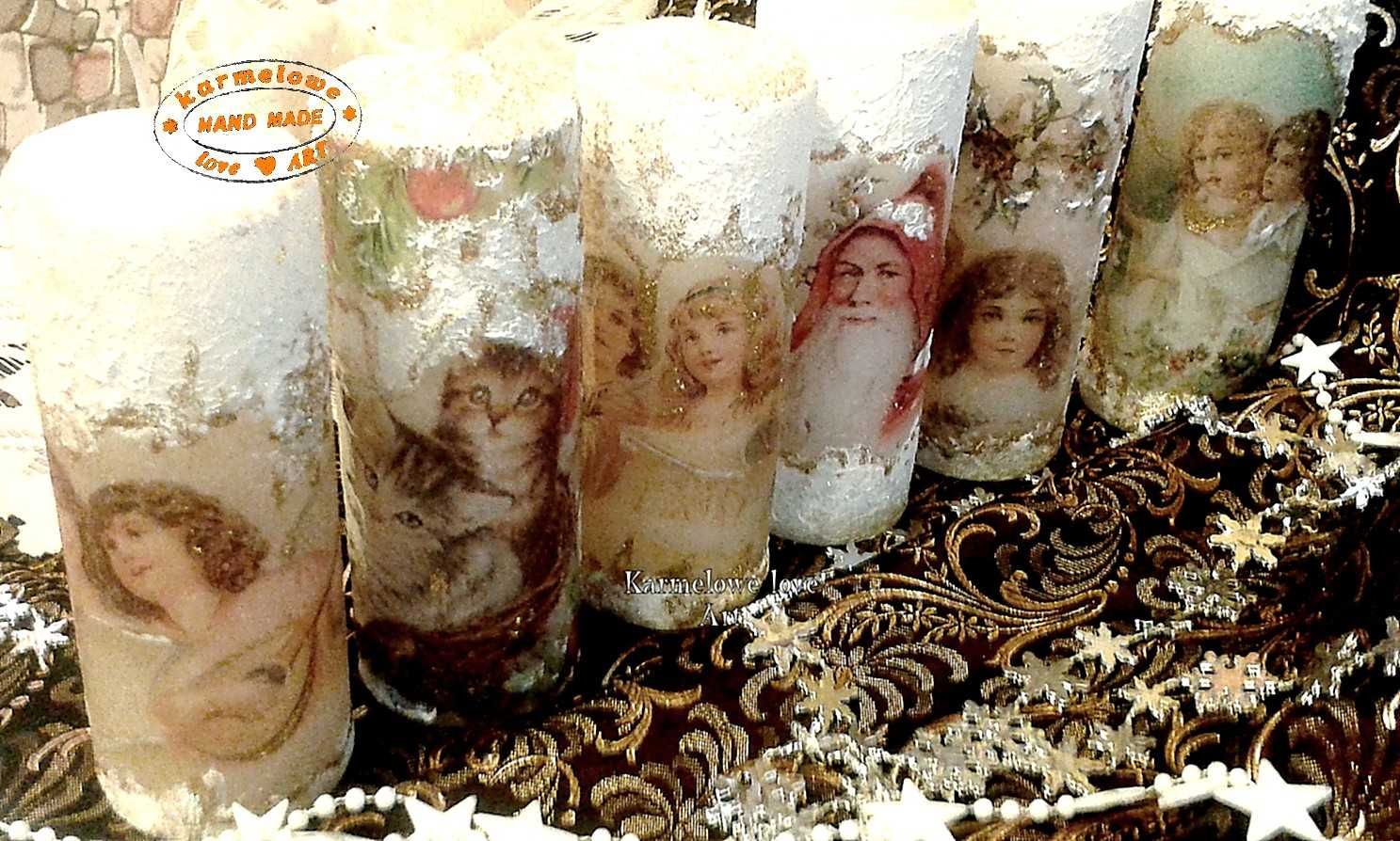 Ozdoby świąteczne świece decoupage, rekodzieło, prezent