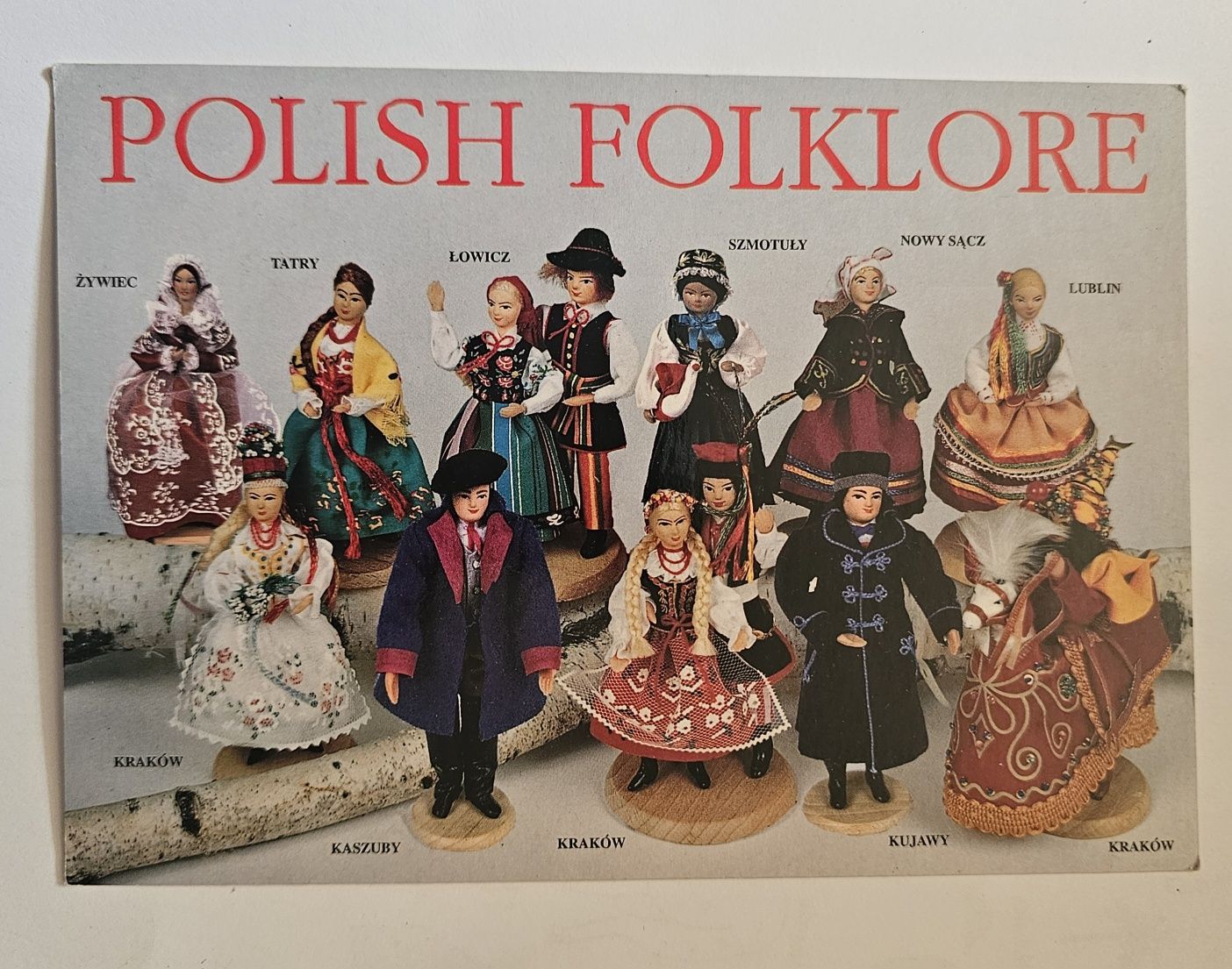 Polish Folklore pocztówka lalki stroje ludowe Kraków, Łowicz, Kujawy,L
