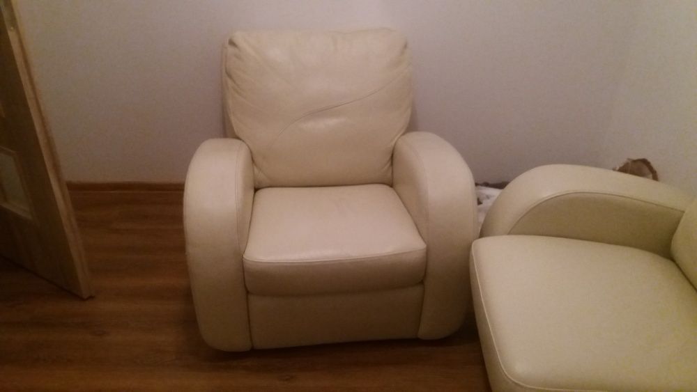 Komplet wypoczynkowy skora skorzany relax bezowy kremowy sofa mb fotel