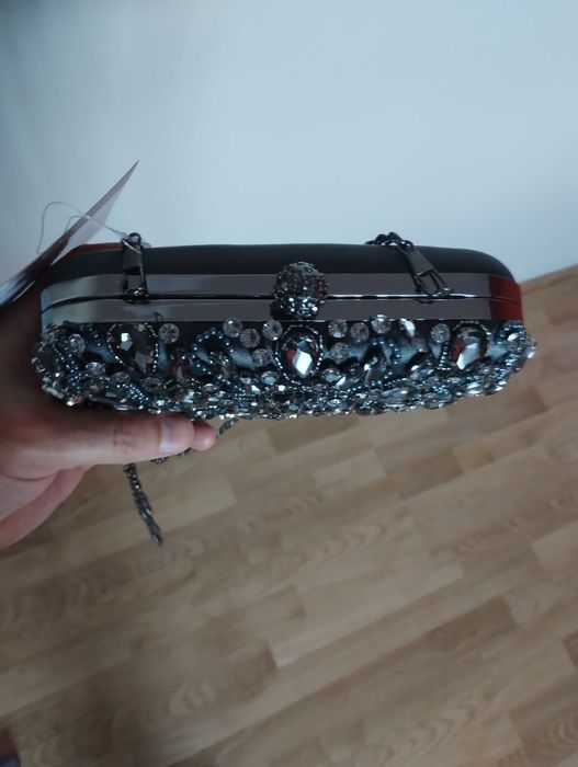 Mascara Kopertówka    Ciemnoszara Ozdobna z Kryształkami na Łańcuszku