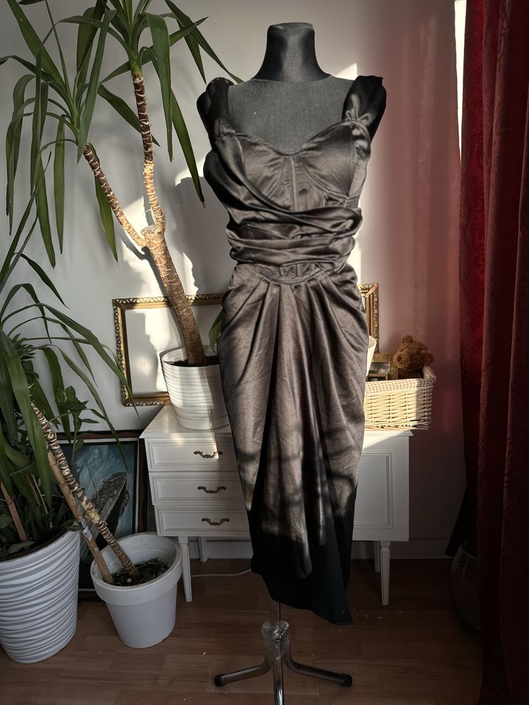 czarna gorsetowa sukienka midi drapowana top spódnica 44 xxl