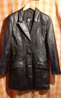 Кожаная чёрная плащ-куртка-пальто, удлиненная, до колена, размер L.