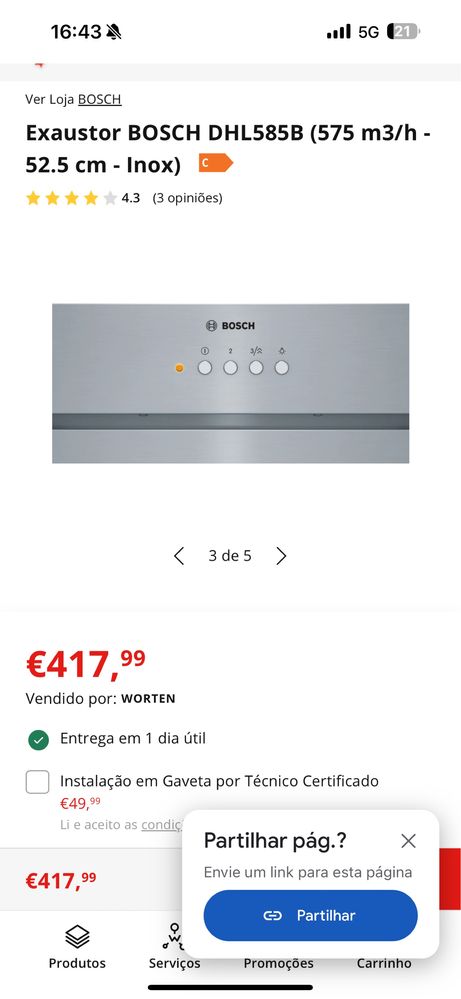 Exaustor BOSCH DHL585B (575 m3/h - 52.5 cm - Inox) ( NOVO)