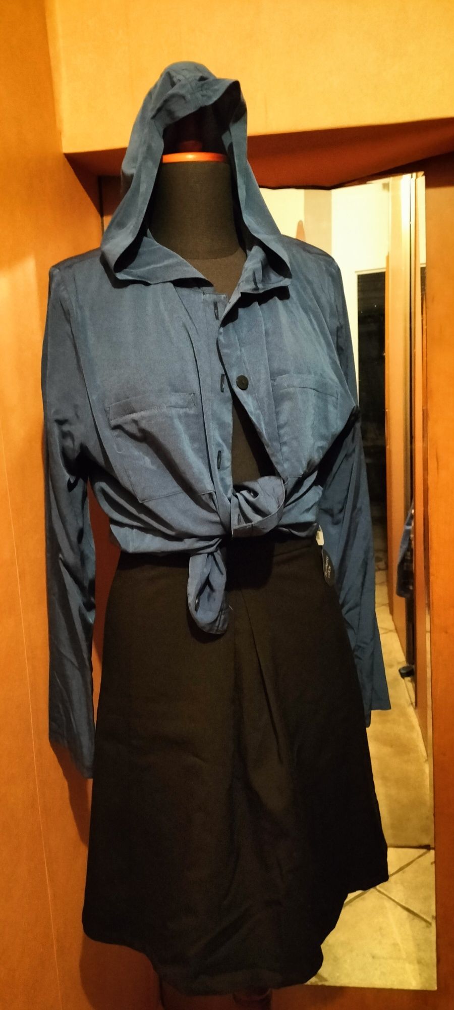 Bluzka bluza z kapturem kardigan niebieski z kieszeniami oversize