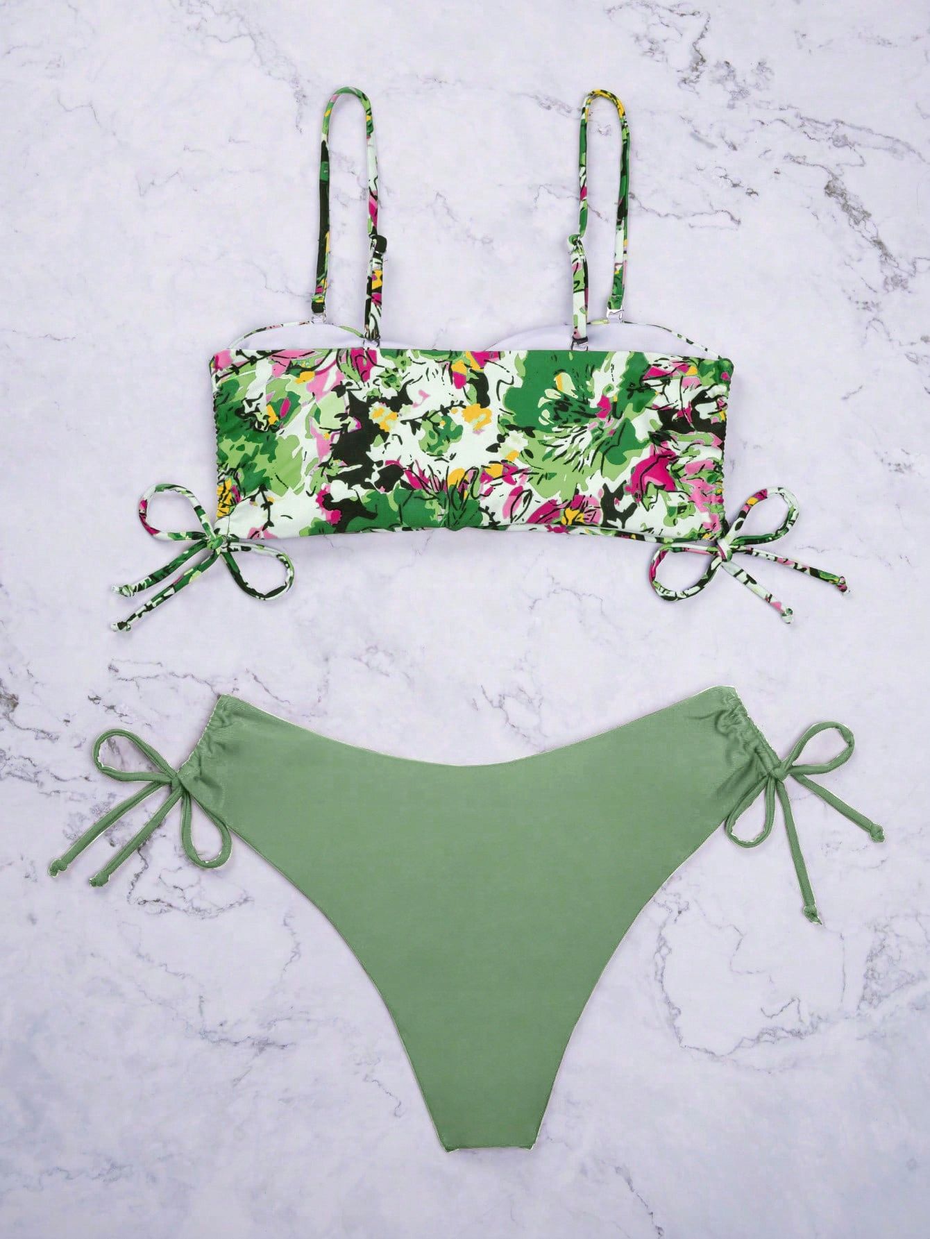 Strój Kąpielowy Bikini Boho Ze Ściągaczami Figi Zielony Shein Xl 42