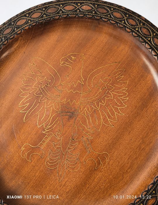 Talerz ozdobny orzeł drewniany rzeźbiony Cepelia rękodzieło  PRL 29 cm