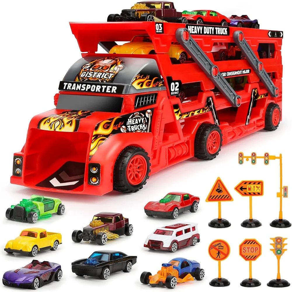 Transporter z mini samochodami, znakami drogowymi, zabawka samochodowa