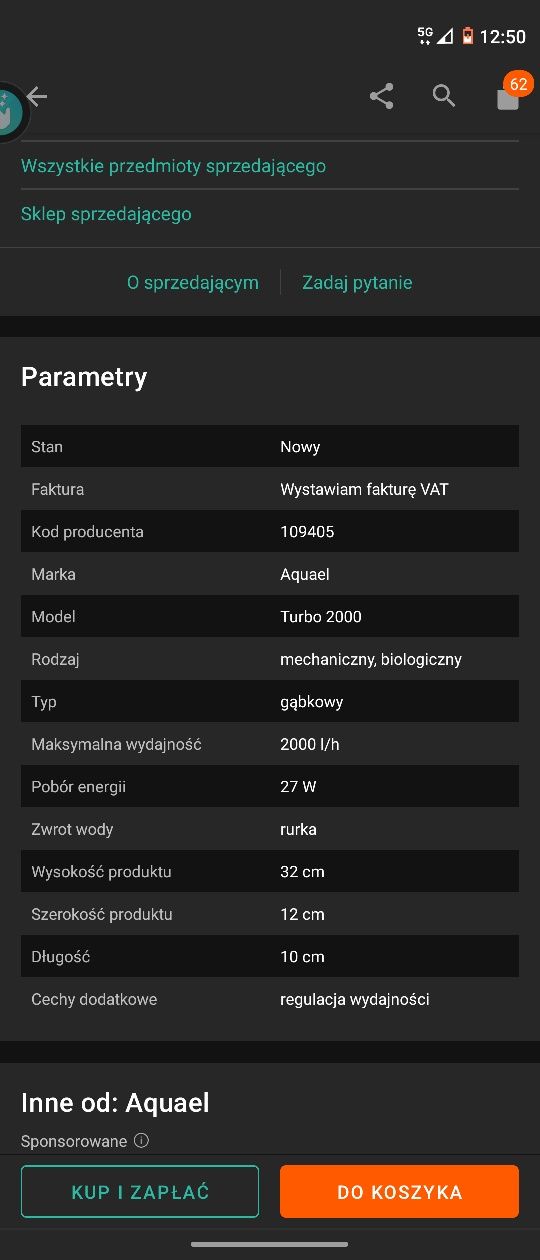 filtr wewnętrzny aqael Turbo 2000