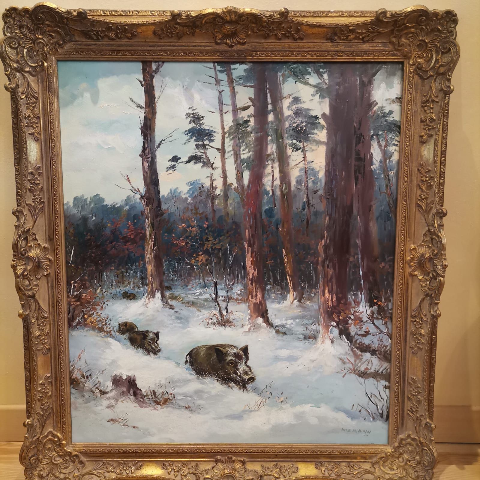 Obraz "Dziki W Lesie Zimą" Płótno, Farby Olejne