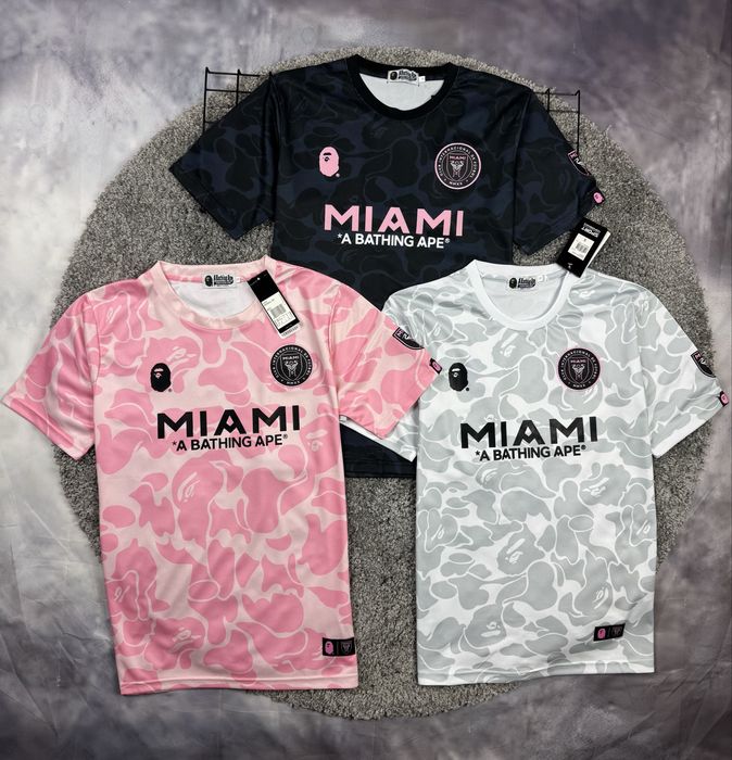 Футболка Adidas Bape x Inter Miami бейп рожева і сіра усі розміри