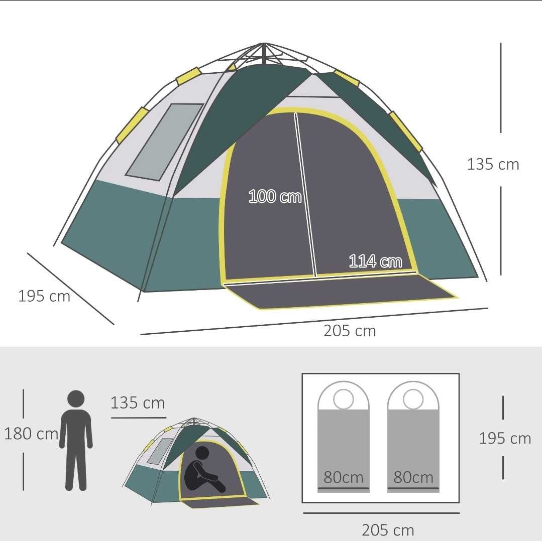 Namiot 3-osobowy kempingowy kopułowy Zielony 205 x 195 x 135 cm