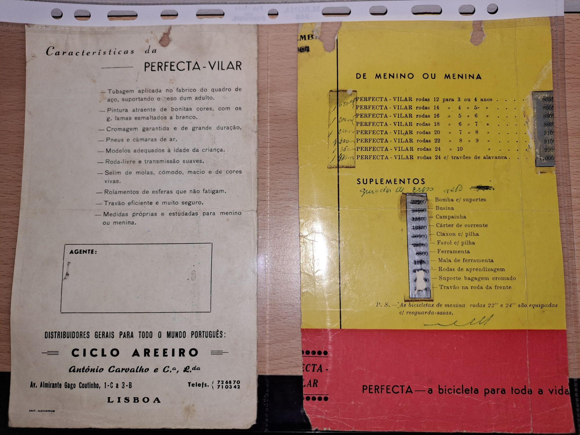 Folheto antigo de Bicicletas Criança PERFECTA - VILAR, ano de 1964.