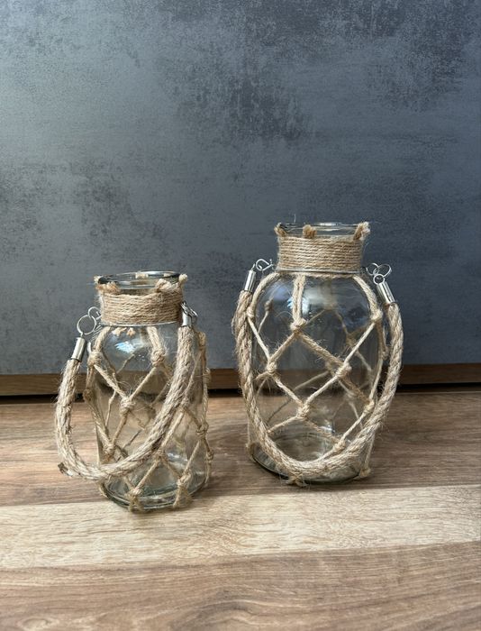 Dwa nowe szklane lampiony latarnie świeczniki boho, sznur jutowy