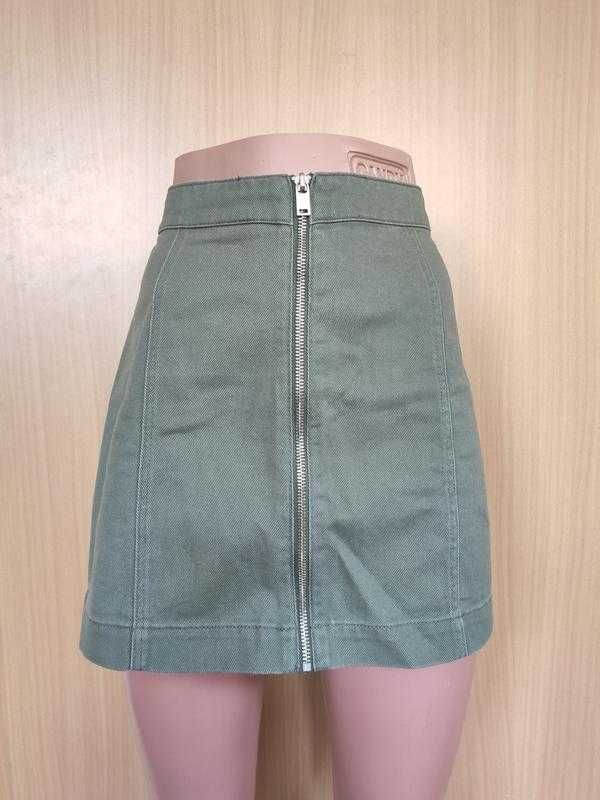 Джинсовая короткая юбка хаки на молнии спереди H&M xs s 34 36
