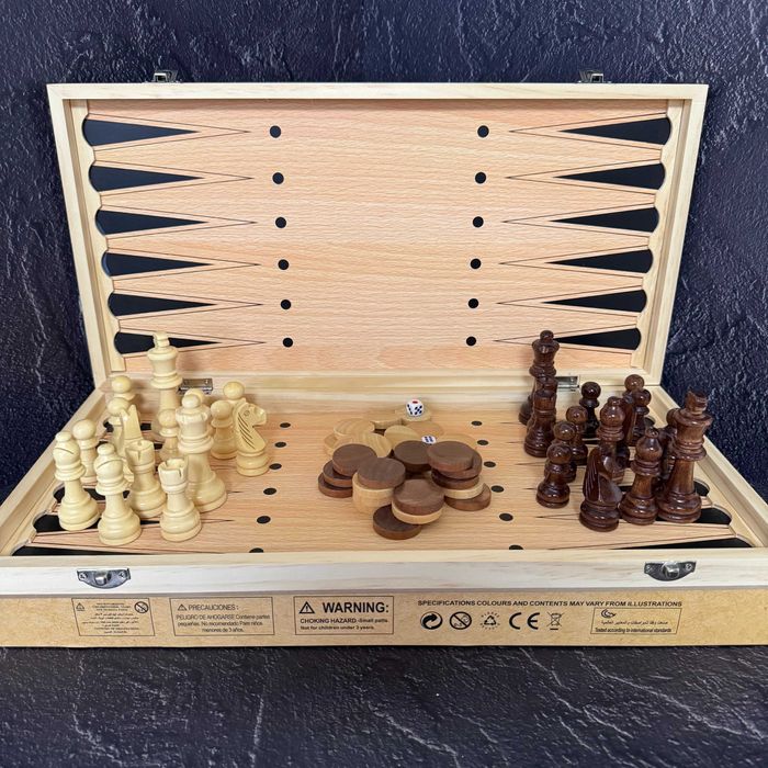 Набор шахматы, шашки, нарды 3 в 1 деревянные 7723 (доска 34x34 см)