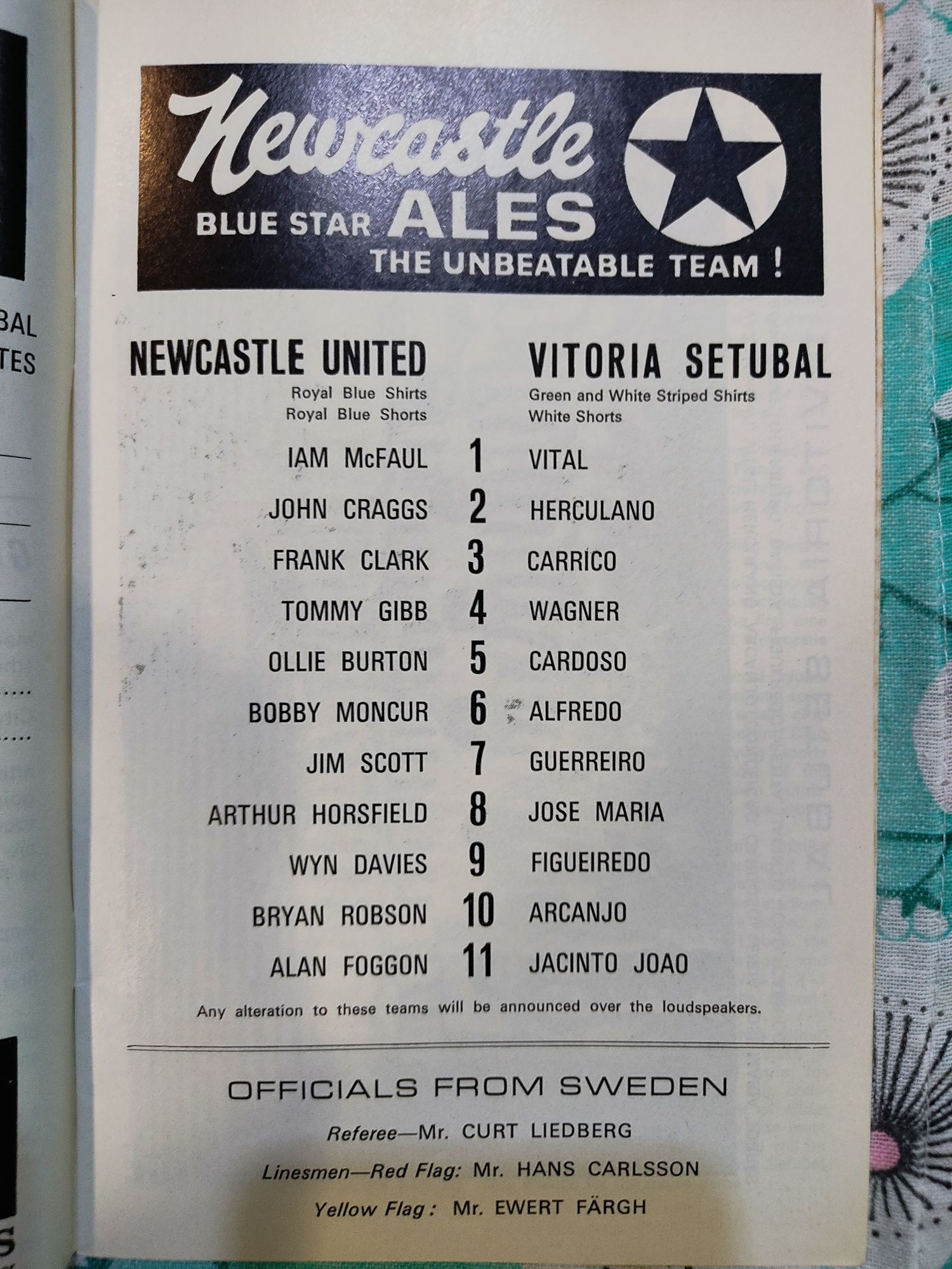 Programa oficial Newcastle Vitória Setúbal taça das feiras 1968/69