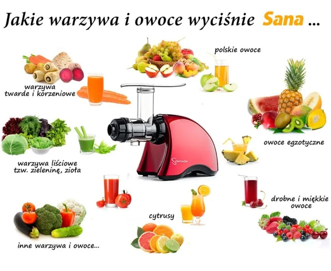 Sana EUJ-707 Czerwona Wyciskarka Wolnoobrotowa + Książka