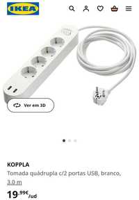 IKEA KOPPLA extensão 
Tomada quádrupla c/2 portas USB, branco, 3.0 m
