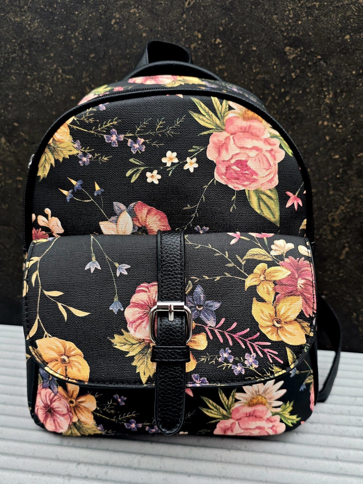 Marco Contti modny nowy czarny plecak damski w kwiaty