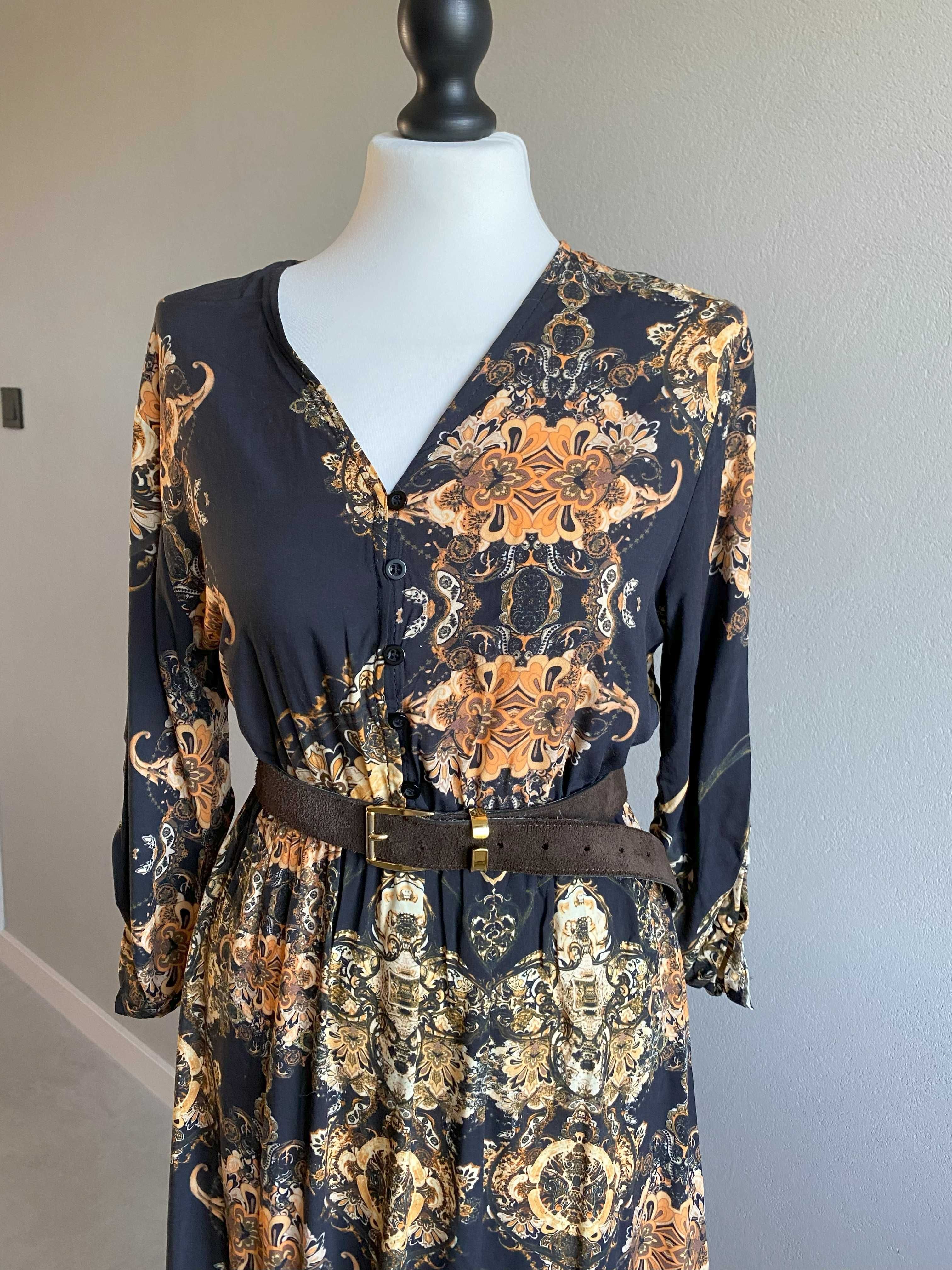 Letnia sukienka midi boho 100% wiskoza wzory rękaw 3/4