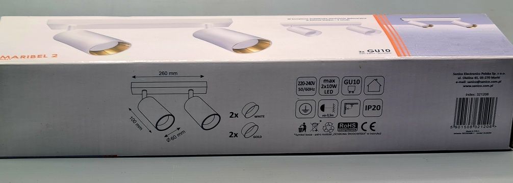 lampa ścienno sufitowa maribel 2 biała + złote pierścienie GU10 nowa