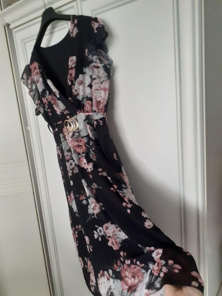Nowa sukienka roze kwiaty midi na okazje zwiewna s/m