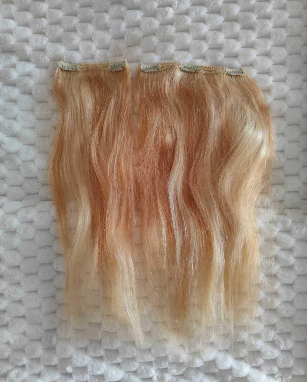 Włosy blond z pasemkami naturalne 60 g 45 cm dwie taśmy na spinkach