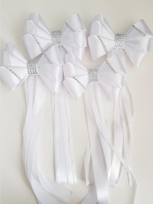 Kokardy do dekoracji samochodu państwa młodych - 4 szt białe sreb...