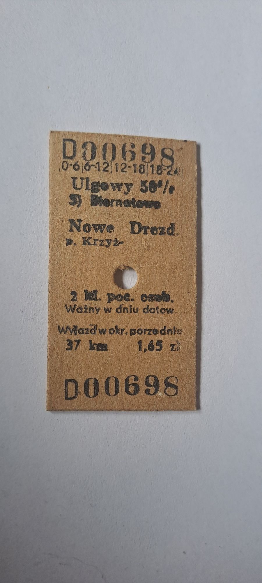Bilet kartonikowy kolejowy PKP Biernatowo - Nowe Drezdenko / Krzyż