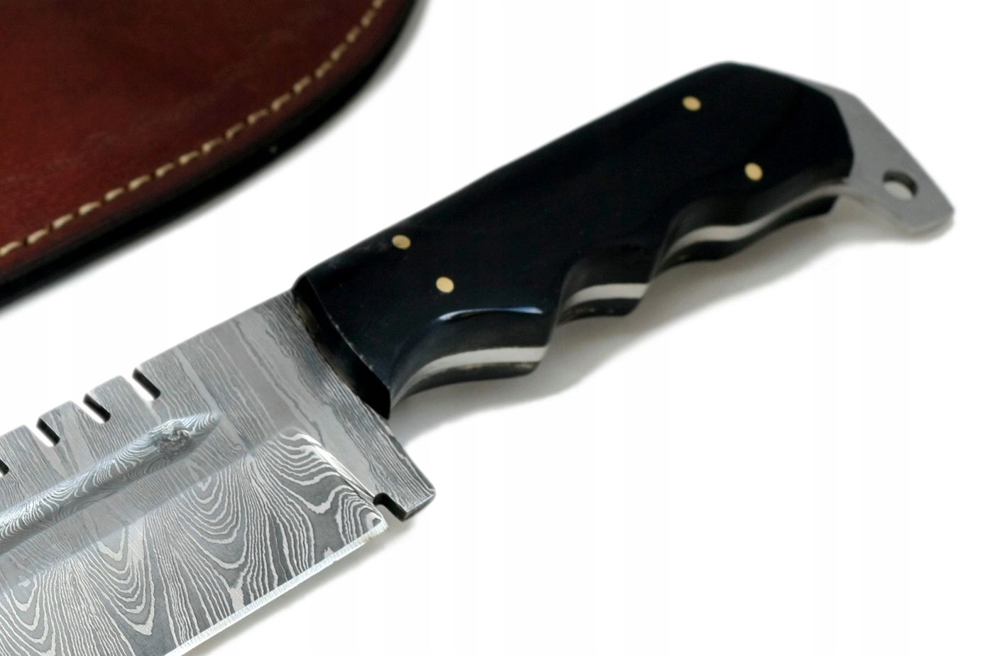 Nóż ręcznie wykonany Bowie survival stal damasceńska skórzane etui 758